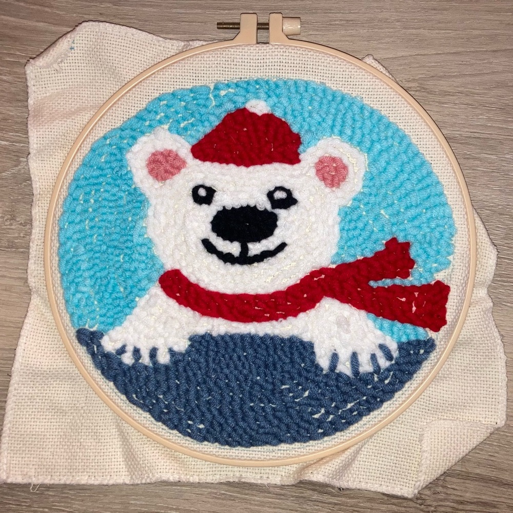 HANDMADE polar bear with red hat and scarf embroidery art - Picture 2 of 3